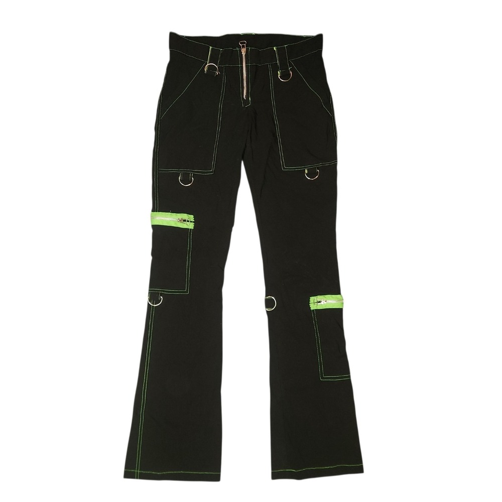 Y2K Serious L.A. Pants Size 3 Vintage Black Neon Green Low Rise Flare Cargo